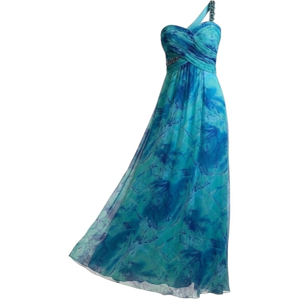 Cache One Shoulder Maxi Gown Womens 8 Blue Turquoise Beaded Floral Formal Dress
